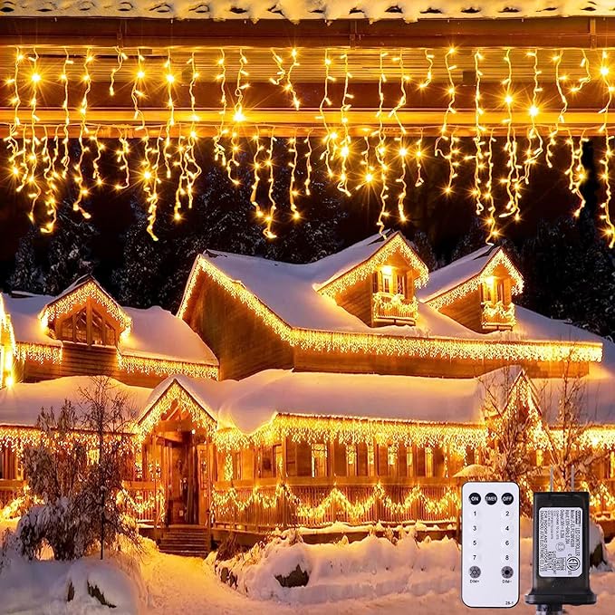 JMEXSUSS 38.8FT Icicle Lights for Outside, 400 LED Icicle Christmas Light Outdoor Indoor Plug in, Warm White String Lights for Christmas House Patio Party Fireplace Holiday Decorations