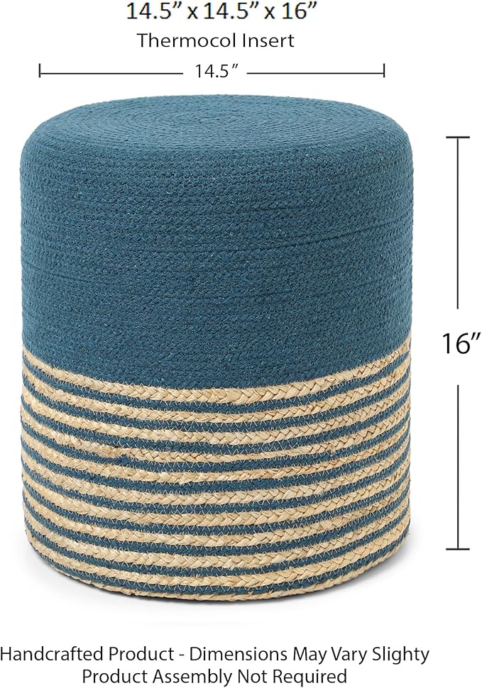 REDEARTH · Cylindrical Pouf Foot Stool Ottoman - Jute Braided Pouffe Poof Accent Sitting Footrest for Living Room, Bedroom, Nursery, Patio, Lounge & Other Rooms (Teal Natural, 14.5"x14.5"x16")
