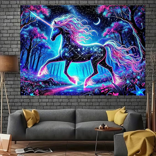 BlissYard Blacklight Unicorn Tapestry UV Reactive Forest Landscape Tapestries Wall Hanging Decor Neon Wolf Wall Tapestry Mysterious Poster Blanket Tapestry for Room Bedroom Dorm Party