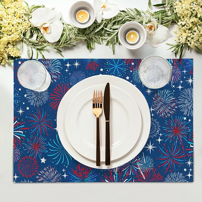 4th of July Placemats Set of 4 Patriotic Red and Blue Fireworks Washable Non-Slip Heat Resistant Place Mats 12x18 Inch Memorial Day Independence Day Table Mats