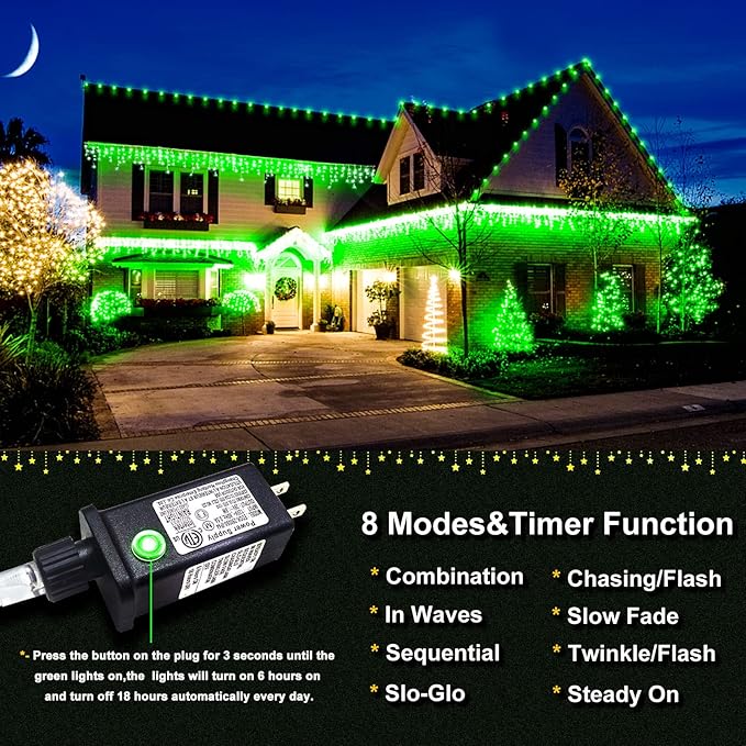 400 LED Icicle Christmas Lights Outdoor - 33FT Icicle Lights for Outside 8 Modes with 75 Drops, Plug in Waterproof Connectable Fairy String Lights for Indoor Holiday Party Christmas Decoration,Green