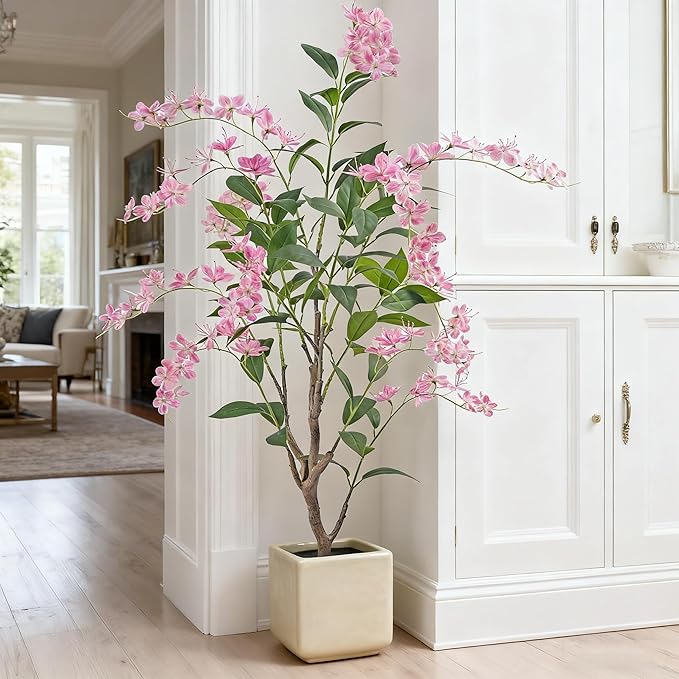 Artificial Jasmine Tree 5ft Beige Flower Pot Fake Plants, Lifelike Artificial Trees with Natural - Looking Blooms, Perfect for Any Space