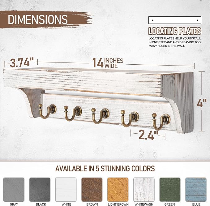 Rebee Vision Pine Wood Key Holder Wall Mount with Shelf for Farmhouse Decor - Rustic Wall Mail Organizer Wall Mounted for Living Room Decor - Perfect Mail Organizer for Home Improvement (Whitewash)