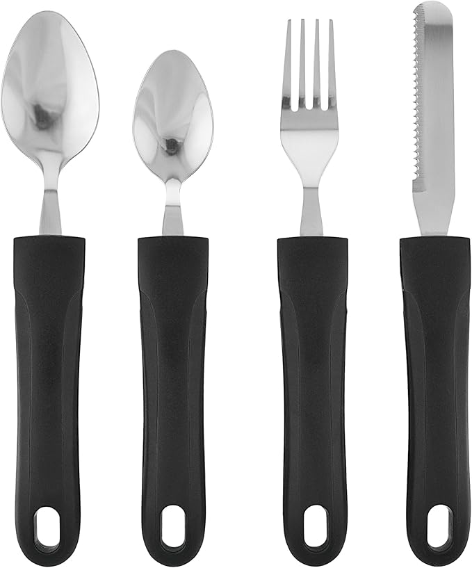 Adaptive Eating Utensils by Celley for Elderly, Handicapped | 4pc Easy Grip Silverware Stainless Steel Knife, Fork, 2 Spoons – (Black)