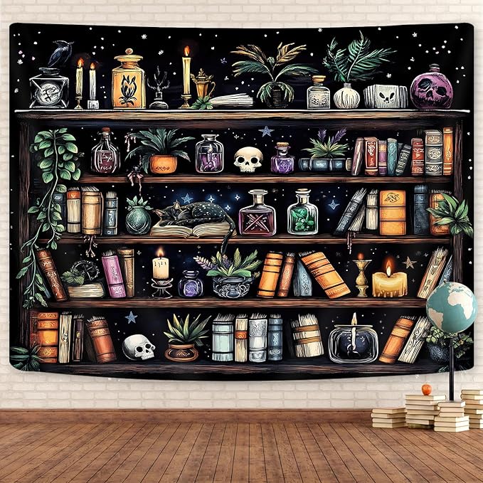 Bookshelf Tapestry Magical Library Witchy Tapestries, Vintage Fantasy Dark Bookshelf Hippie Cool Wall Tapestries Gothic Skull Black Cat Book Aesthetic Decor for Study Classroom, 80X60