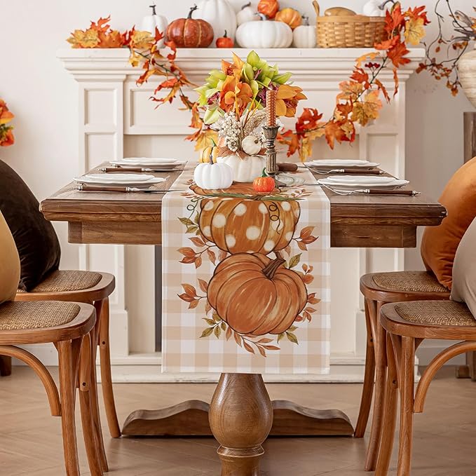 Romanstile Pumpkin Leaves Fall Table Runner, Buffalo Plaid Autumn Thanksgiving Harvest Farmhouse Style Table Decoration for Dining, Party, Holiday - 13x60 Inch, Orange