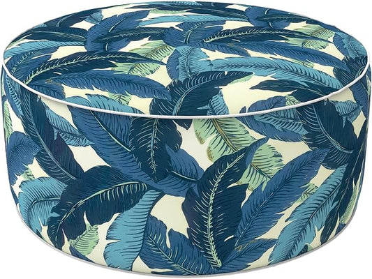 LVTXIII Indoor/Outdoor Inflatable Ottoman, D31 x H14 Inch Large Round Ottoman, All Weather Foot Rest Stool, Portable Footrest for Patio, Garden, Camping and Home - Swaying Palms Blue