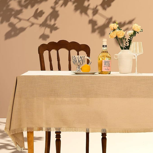 Rustic Cotton Tablecloth Craft Fringed Farmhouse Table Cloths Burlap Table Cloth for Kitchen Dining Rectangle Table (55x70 Inch, Beige)