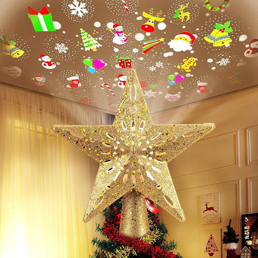 Brightown Christmas Tree Topper Lighted with 6 Projection Modes,9.8”Christmas Star Tree Topper with Built-in LED Rotating Lights,Tree Top with Golden Spangles Plated Plug in for Christmas Decorations