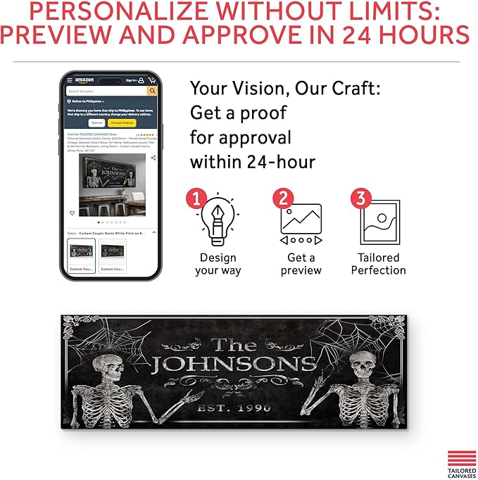 Tailored Canvases Gothic Family Wall Decor - Personalized Grunge Vintage Skeleton Room Decor for Home, Halloween Lovers, Men & Women for Bedroom, Living Room - Custom Couple Name, White Print, 48"x16"