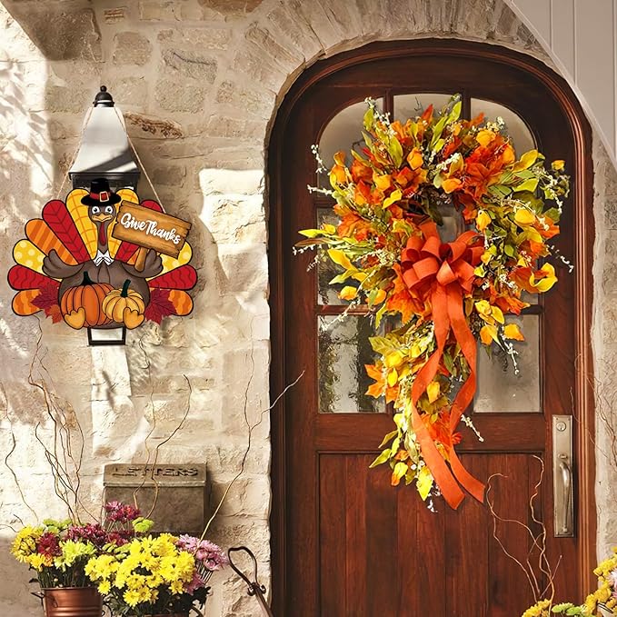 Thanksgiving Decoration Wooden Turkey Pumpkin Door Wreath for Front Door Sign Wall Signs, Thankful Blessed Grateful Pumpkin Sign Hanging for Fall Autumn Harvest Home Halloween Decoration