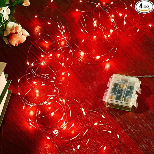 4 Pack 16.4 Ft. Battery Operated Outdoor String Lights with Remote & Timer, LED Red Fairy Lights, Waterproof Twinkle Lights for Bedroom, Dorm, Mason Jar, Wedding, Party, Christmas