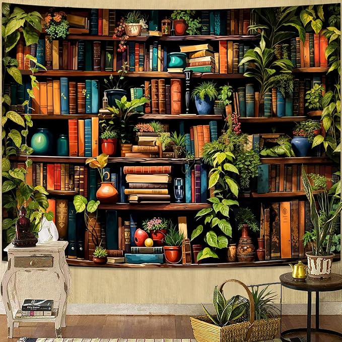 Accnicc Botanical Bookshelf Tapestry Lush Green Plant Book Shelf Tapestries Wall Hanging Vintage Retro Potted Plants Academics Extra Large Library Tapestry for Bedroom Living Room Dorm 90 x 68 inch