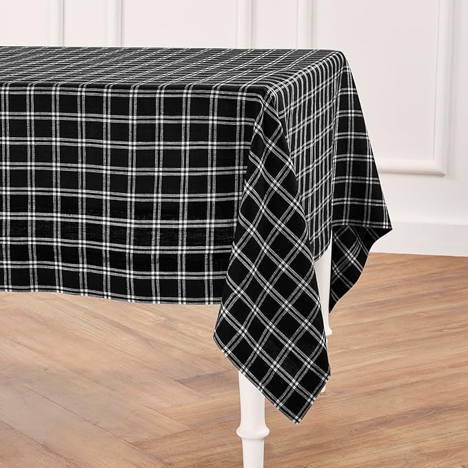 Solino Home Linen Plaid Tablecloth 60 x 108 Inch - 100% Pure Linen Marseille Plaid Black Table Cloth for Rectangle Tables - Machine Washable Tablecloth for Fall, Autumn, Halloween, Thanksgiving