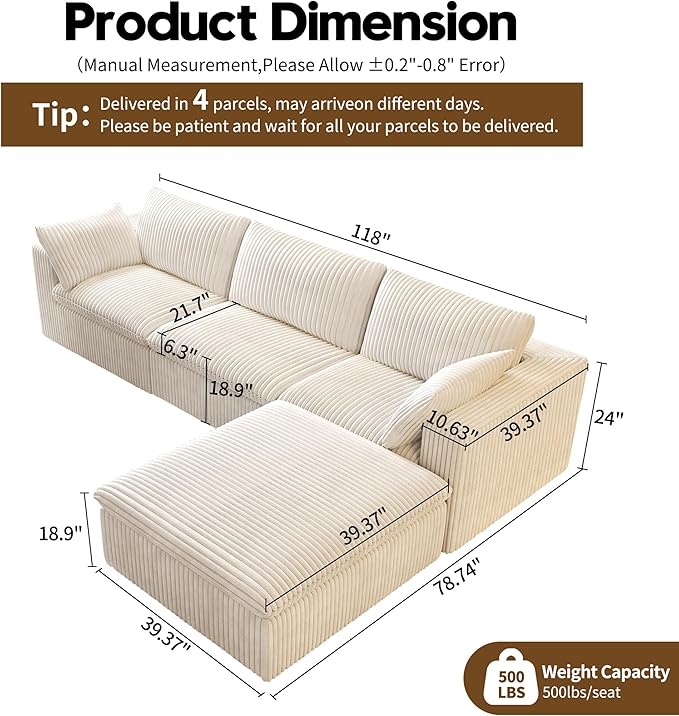 118" L Shaped Modern Sofa Modular Sectional Cloud Couch with Ottoman,Deep Seat Upholstered Couches with Plush Corduroy Fabric for Living Room Furniture,Bedroom and Apartment,No Assembly Required,White