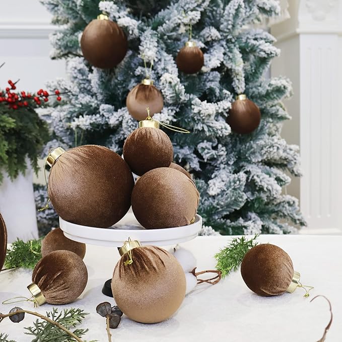 6inch Big Velvet Christmas Ornaments, 2pcs Flocked Ornaments Balls Sets for Christmas Tree Decorations Light Coffee