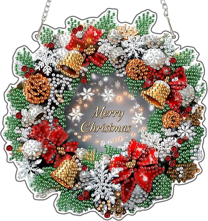 NEWENMO Diamond Art Hanging Kit for Adult, Merry Christmas Wreath, DIY Special Shaped Crystal Acrylic Diamond Art Painting Window Pendants, Diamond Painting Ornament for Home Garden Wall Decor