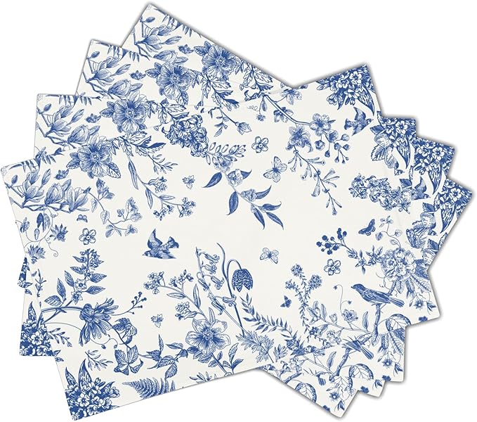 Blue White Floral Placemats Set of 4 Spring Summer Hydrangea Flowers Branches Washable Non-Slip Heat Resistant Place Mats 12x18 Inch Chinoiserie Linen Table Mats for Home Kitchen Dining Party Decor