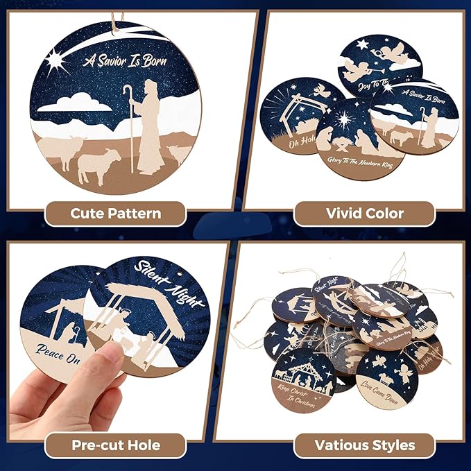 Soaoo 60 Pcs Nativity Scene Christmas Tree Ornament Christian Religious Ornaments Bulk Round Nativity Xmas Tree Hanging Wooden Decorations for Garden Yard Outdoor Home(Classic Style)