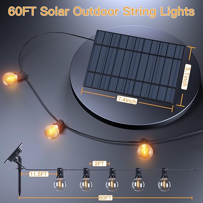 Ollny 60FT Solar Lights Outdoor, Waterproof Remote Control Dimmable Timers 3Modes String Light with 25 LED + 2 Spare Shatterproof Bulb, G40 Patio Lights for Outside Garden Yard Fence Porch
