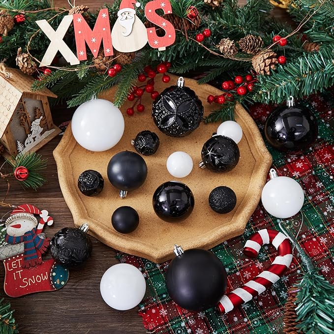 87-Pack Shatterproof Christmas Ball Ornaments Set, Christmas Tree Decorations with Hand-held Gift Package for Xmas Tree Holiday Wedding Party (Black and White)