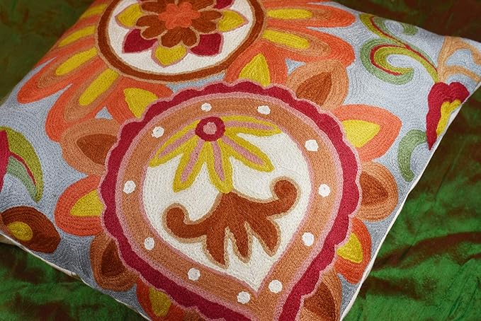 Soft Turquoise Hand Embroidered Floral Pillow Cover Flower Pillows Loral Outdoor Pillowcase Suzani Cushions Flower Chair Cushion Hand Embroidered Wool Size 18x18