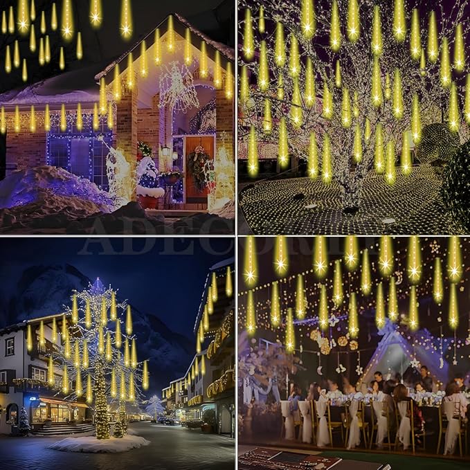 Christmas Lights Outdoor, UL Certified Falling Rain Drop Light 8 Tubes 192 LED Meteor Shower Lights Snow Dripping Icicle Light for Xmas Tree Christmas Decorations Holiday Party, Warm White
