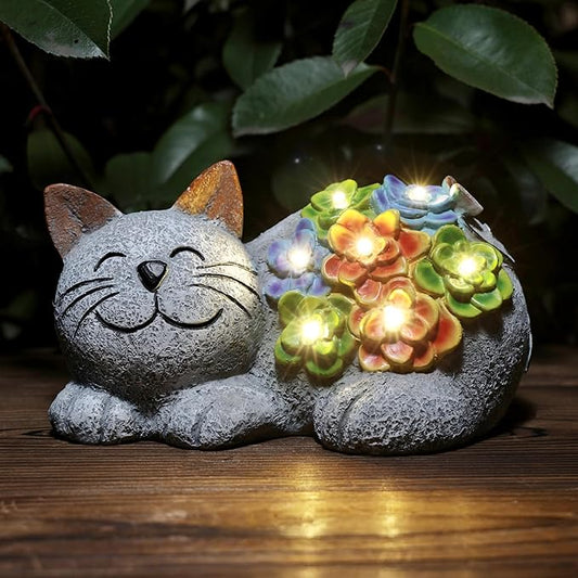Otdair Solar Garden Decor Cat, Cat Lover Gifts with Succulent and 7 LED Lights for Outside,Outdoor Solar Lights for Yard, Garden and Patio, Unique Gift for Women