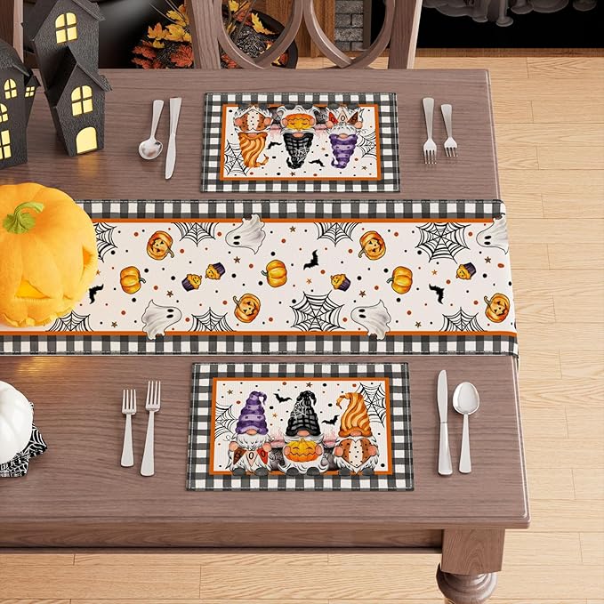 XCHI Spooky Boo Plaid Gnome Halloween Placemats Set of 4 Table Mats for Party Home Kitchen Dining Table Decorations 12x18 Inch