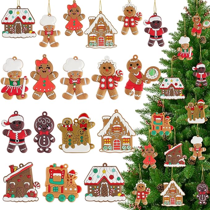 12pcs Gingerbread Man Ornaments for Christmas Tree, Assorted Gingerbread Figurines Decorations with Gingerbreads House Ornaments for Holiday Christmas Tree Home Decor