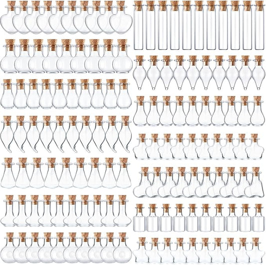 140 Pcs Mini Glass Bottles with Cork Stoppers Tiny Wishing Potion Bottles, 14 Shapes, Small Spell Apothecary Jar Vials Witchcraft Drifting Jar for Wedding Halloween Party Arts DIY Crafts