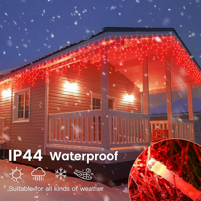 Hopolon 33FT 360L LED Icicle String Lights - Outdoor, Waterproof, 8 Modes, With 60 Drops - Curtain Lights for Indoor/Outdoor Decorations (Red)