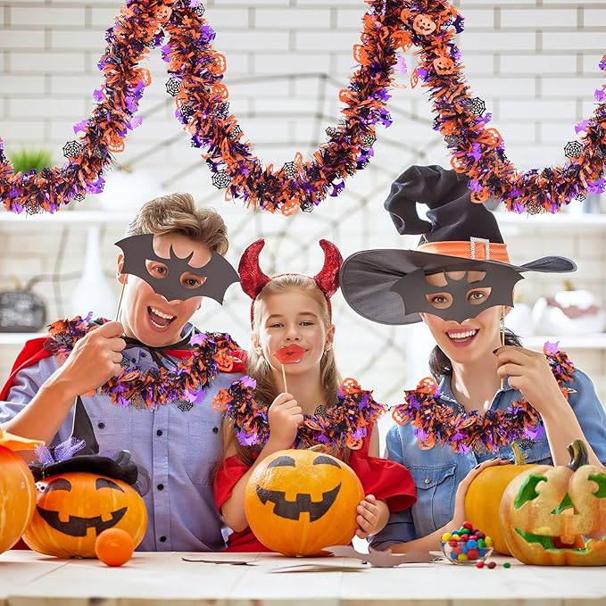 Halloween Tinsel Garland Decorations, 36.75 Ft Shiny Metallic Halloween Hanging Decorations with Pumpkin Bat Spider Web, Purple and Orange Tinsel Garland for Outdoor Indoor Home Tree Party Decor
