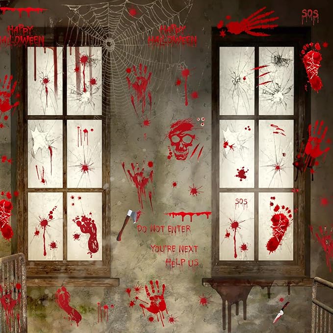 New Halloween Decorations 165 PCS, 8 Sheets Bloody Handprint Footprint Halloween Wall Decal Floor Window Stickers,10 Sheets Wound Tattoo Stickers