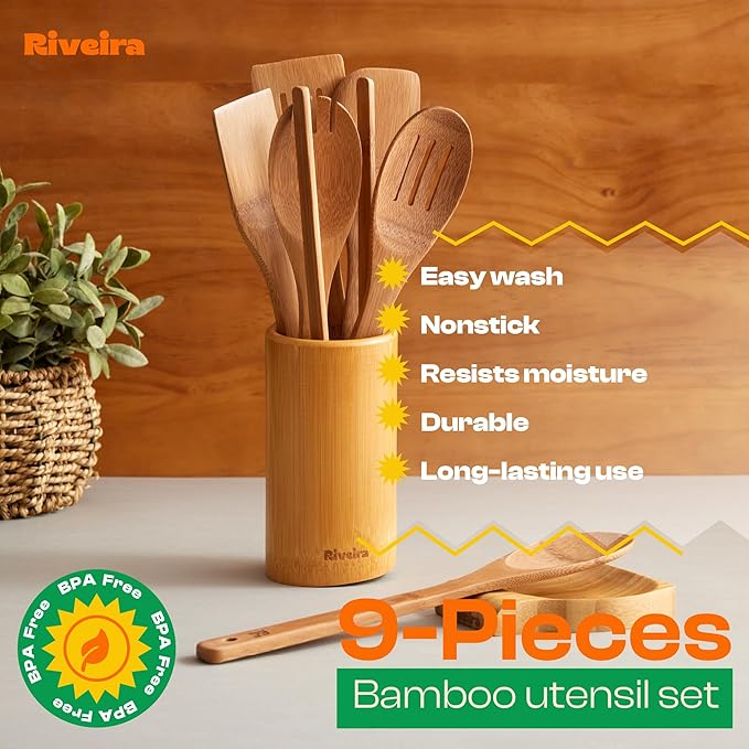 Riveira Dark Bamboo Wooden Spoons for Cooking 9-Piece with Holder, Apartment Essentials Wood Spatula Spoon Nonstick Kitchen Utensil Set Premium Quality Housewarming Gifts for Everyday Use