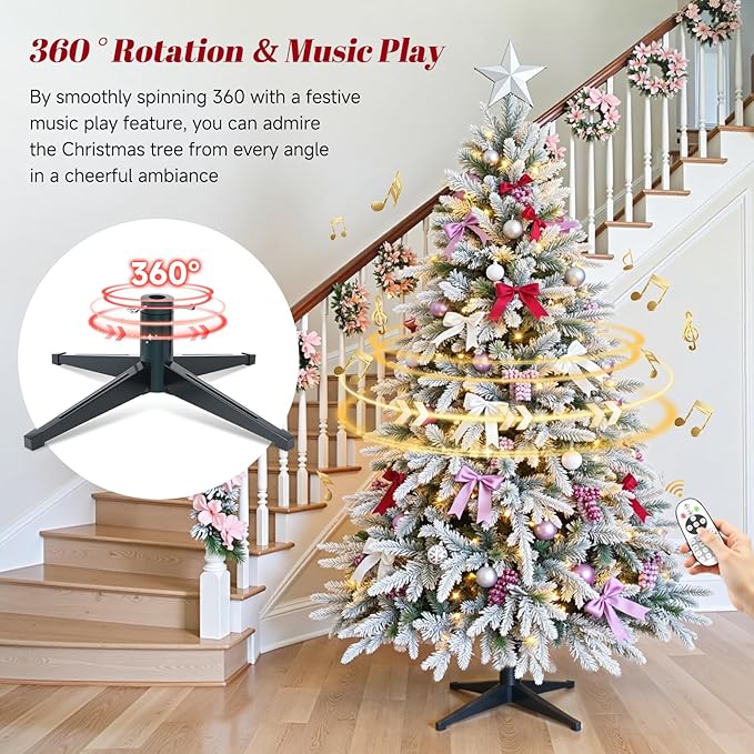 6.5FT Snow Flocked Pre-Lit Christmas Tree with 360° Rotating Base, 1036 PE/PVC Tips, 340 LED Lights, 8 Modes, Dimmable and Timer Functions, Musical Artificial Xmas Tree for Holiday Decor
