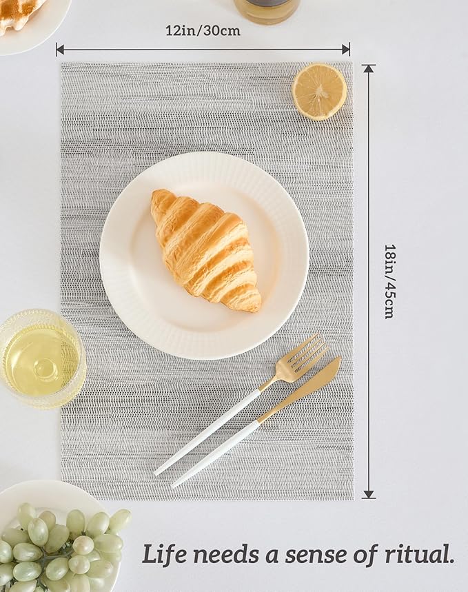 Leetaltree Lightsteel Black Placemats Set of 6 - Heat Resistant Non-Slip Place mats for Dining Table, Washable Durable PVC Vinyl Woven Table Mats (Lightsteel Black, 6)