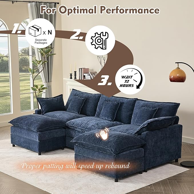 108" U Shaped Couch, Modular Sectional Sofa, 3-Seater Comfy Cloud Couch with Movable Ottoman, Deep Seat Couches for Living Room, Chenille, Navy