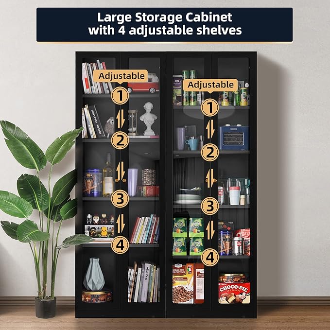 5 Tier Metal Curio Cabinets, Modern Bookshelf Cabinet with 4 Adjustable Shelves, Cabinet Display Case for Home Office, Living Room, Pantry (Black-27.5W)