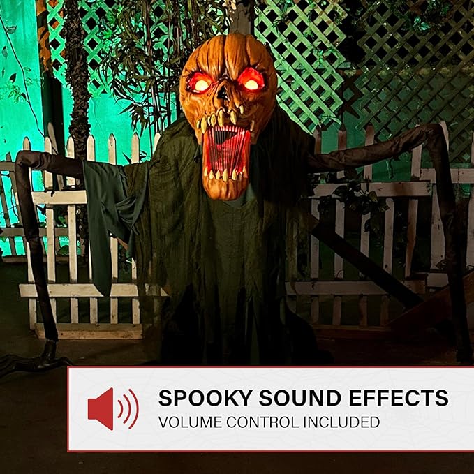 Haunted Hill Farm 7.3-Ft Groundbreaking Jack by Tekky, Halloween Animatronic, Spooky House Wall Decoration, Creepy Indoor & Covered Outdoor Party Decor, Motion-Activated Lights & Sound, Life-Size