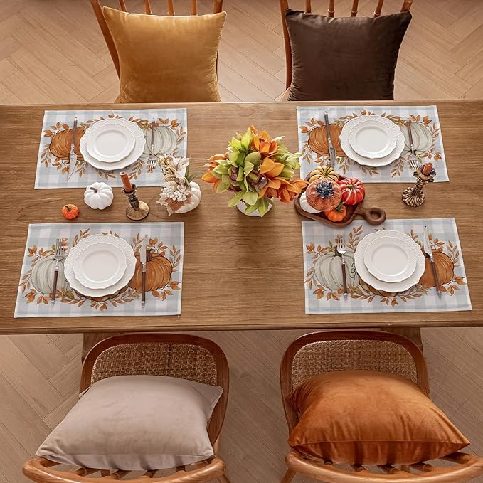 Romanstile Fall Placemats Set of 8-12 X 18 Inch - Thanksgiving Autumn Harvest Pumpkin Buffalo Plaid Place Mats, Stain Resistant Wipeable Table Mats for Party/Dining/Holiday- Grey Blue Checkered