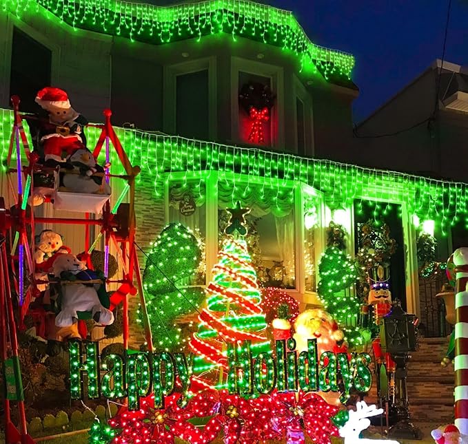Green Christmas Lights Outdoor, 33ft 400 LED Icicle Lights for Outside House with Connectable Clear Wire 8 Modes Timer, Plug in Waterproof for Home Holiday Eaves Yard Party Room Indoor Decoration