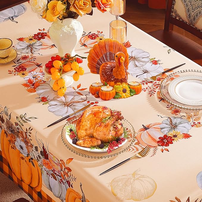 SASTYBALE Thanksgiving Tablecloths for Rectangle Tables 60 x 84 Inch Pumpkins Tablecloth with Checkered, Vintage Farmhouse Spill-Proof Fabric Table Covers for Autumn Harvest & Fall Decor, Orange
