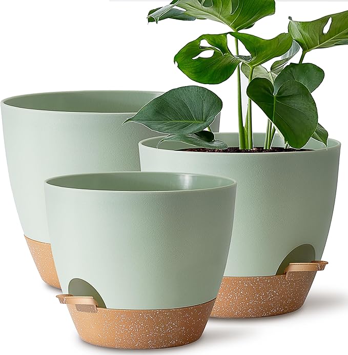 Giraffe Creation Plant Pots Set of 3 (12/10/9 inch), Self-Watering Indoor & Outdoor Flower Planters with Drainage Hole and Reservoir, Green