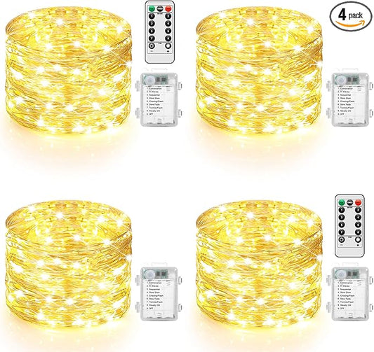 4 Pack 100 LED Fairy Lights Battery Operated with Timer & Remote, 33FT Waterproof Twinkle Lights Indoor Outdoor, Fairy String lights for Bedroom Classroom DIY Wedding Christmas Decorations, Warm White