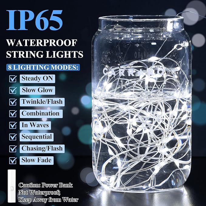 66FT(33 * 2) Rechargeable String Lights Battery Operated, Fairy Lights with Timer, Mini LED Twinkle Lights for Bedroom, Christmas Decorations, Wedding, Vine, Centerpiece Table Decor Cool White