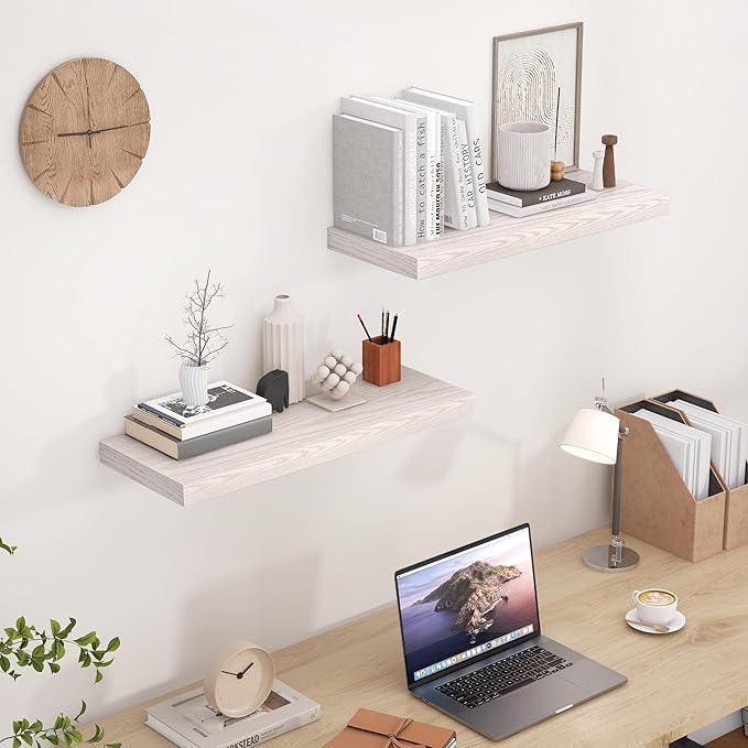 24 x 9 Floating Shelves, 9 Inch Deep Floating Shelf Wall Mounted, 24 Inch Bathroom Shelves Set of 2, Rustic Wood Wall Shelf for Bedroom, Living Room, Brich Color