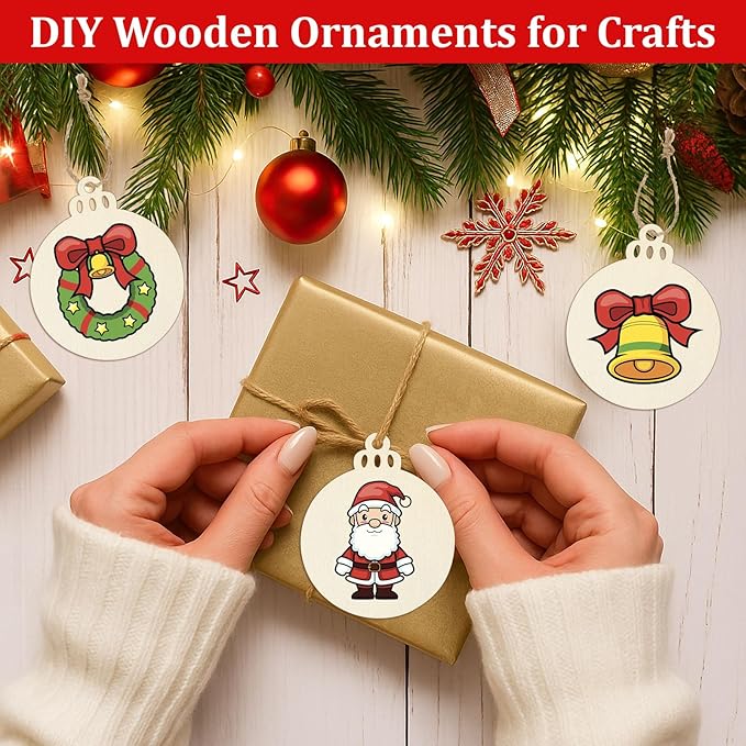 50 PCS Wooden Christmas Ornaments, 3 Inch DIY Wood Ornament for Crafts, Unfinished Wood Ornament to Paint, Blank Round Wooden Ornaments, Make Your Own Paintable Wood Slice