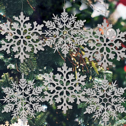 6pcs Large Silver Snowflakes Ornaments 12” Big Plastic Glitter Snowflake for Winter Indoor Outdoor Christmas Tree Window Room Decorations Giant Craft Snowflakes