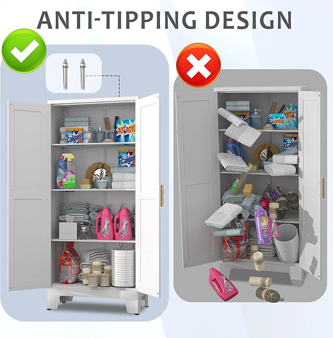 61.02" Pantry Cabinet, Kitchen Pantry Storage Cabinets with Adjustable Shelves and Feet, White Pantry Storage Cabinet for Kitchen, Dining Room, Living Room and Bathroom (White) Metal